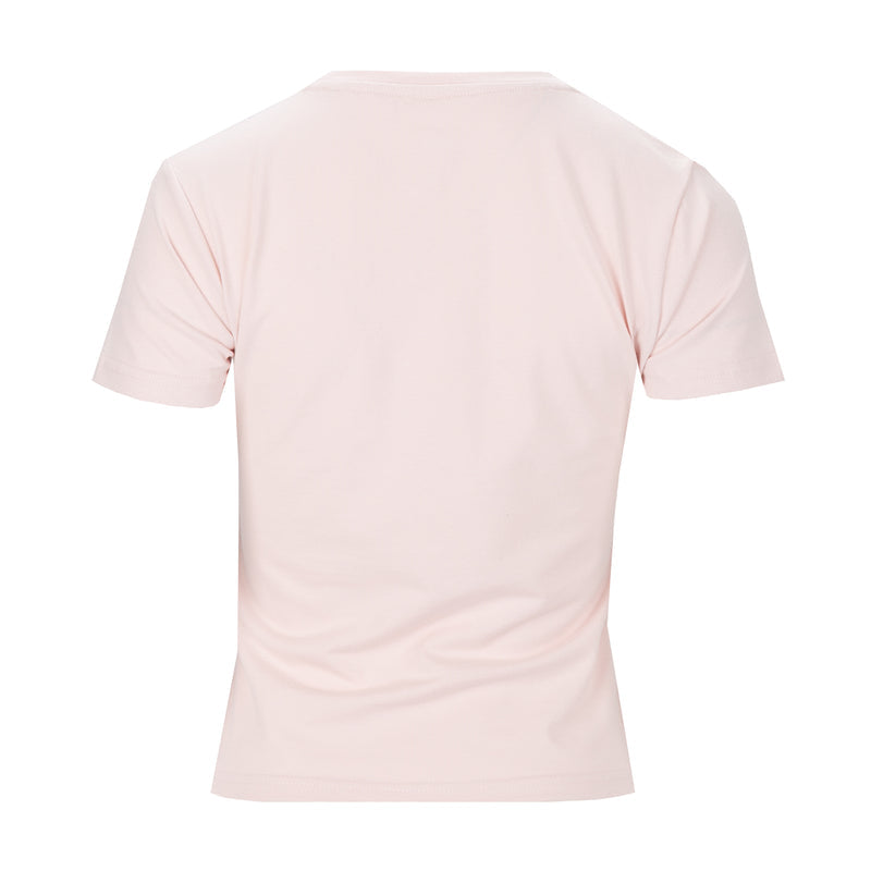 Women's baby tee in primrose light pink, back view with crew neck