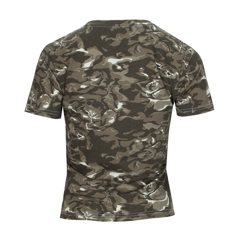Women's camo baby tee, short-sleeve crew neck, back view