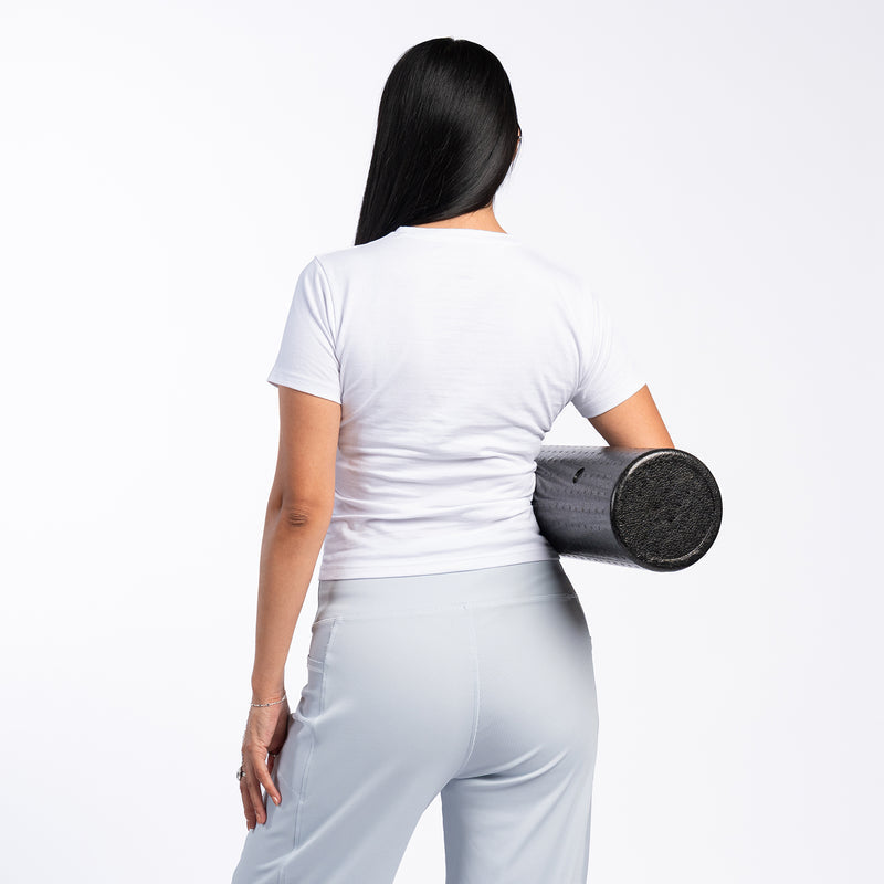 White crew-neck short-sleeve baby tee shirt, back view