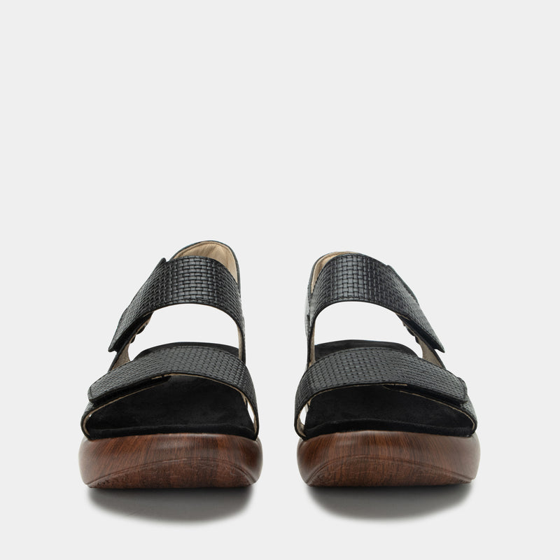 Bailee Woven Noir ankle strap adjustable sandal with non-flexing sleek rocker bottom with built in arch support.
