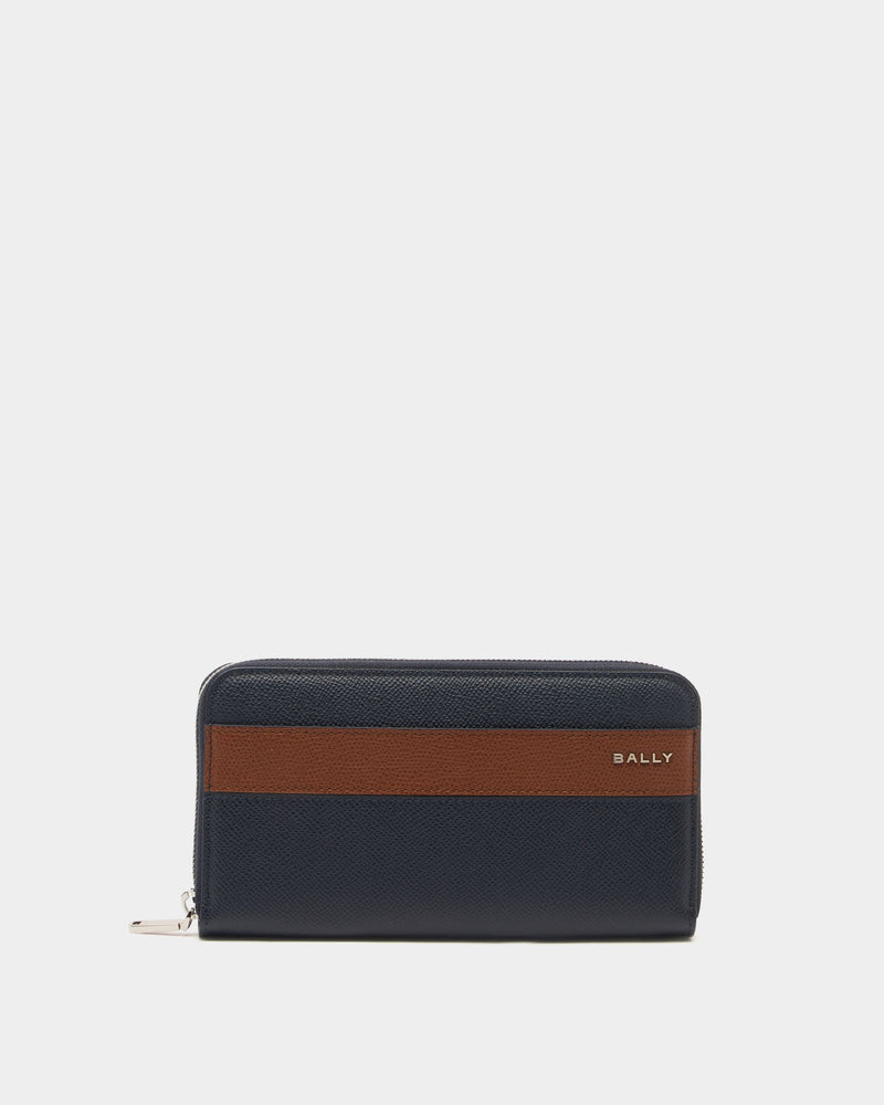 Bally Essential Zip Around Wallet in Navy Blue Grained Leather