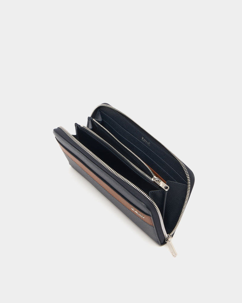 Bally Essential Zip Around Wallet in Navy Blue Grained Leather