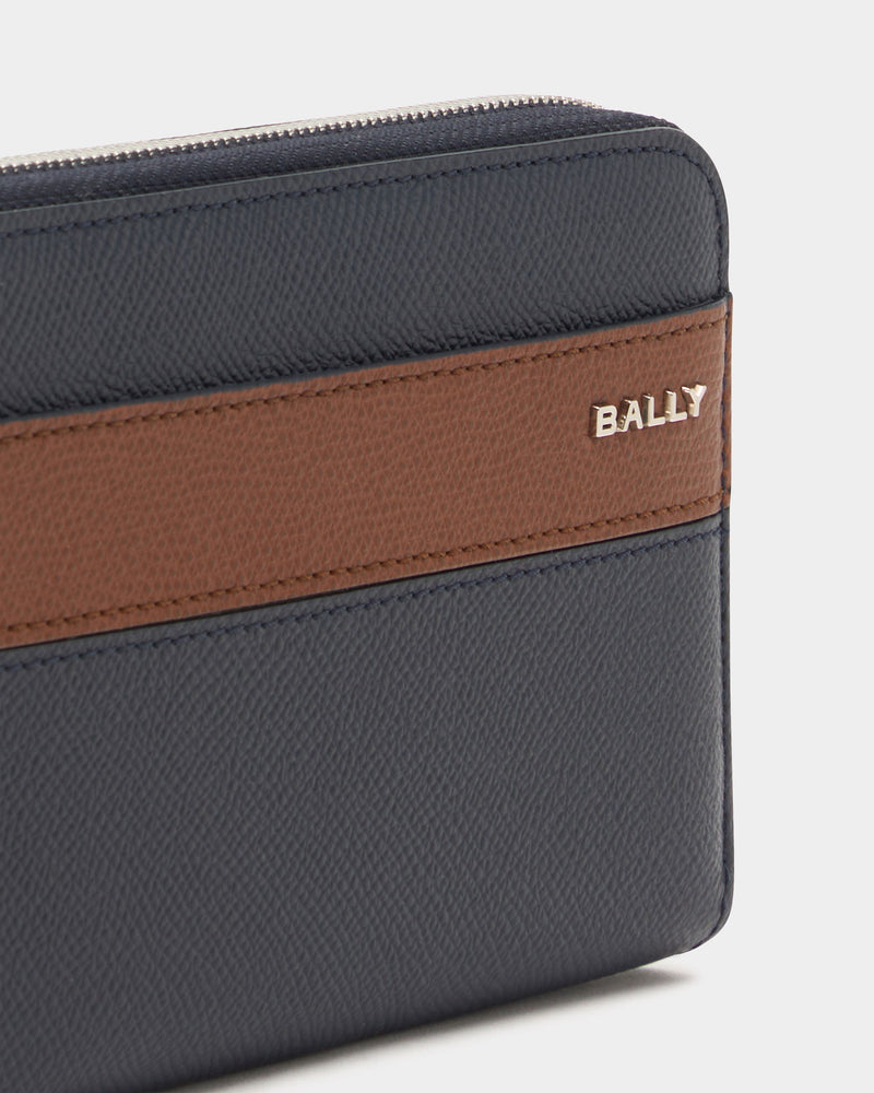 Bally Essential Zip Around Wallet in Navy Blue Grained Leather