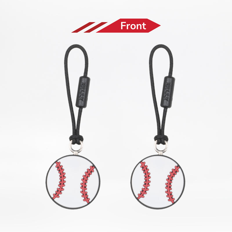 Two baseball-themed zipper pulls on a white background with 'Front' label.