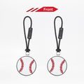 Two baseball-themed zipper pulls on a white background with 'Front' label.