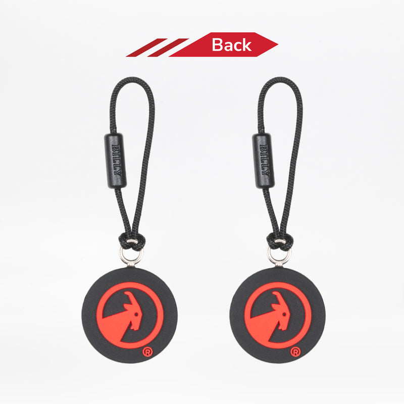 Reverse side. Two black zipper pulls with red goat logo on back.