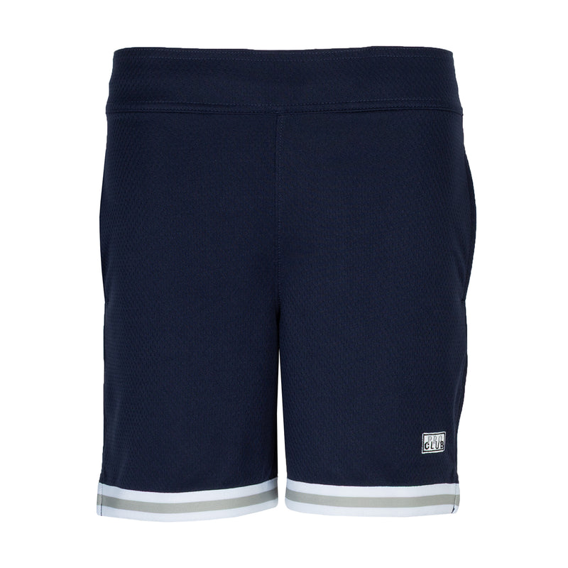 Youth navy basketball shorts with contrast hem stripe and side hand pockets