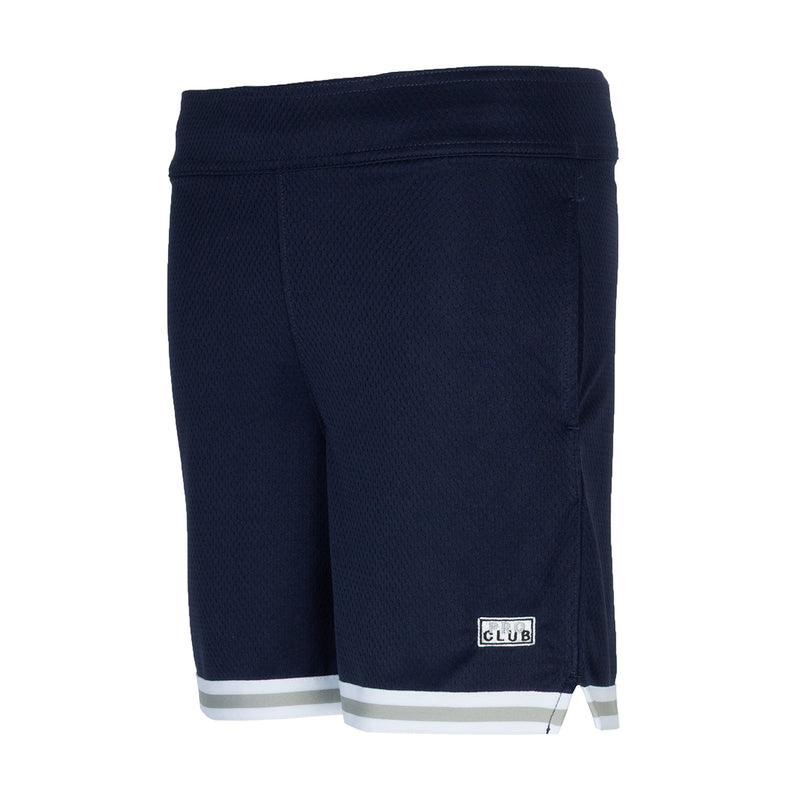 Youth navy basketball shorts, back view, contrast hem stripe and logo patch