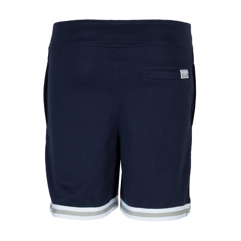 Youth navy basketball shorts with rear pocket and contrast hem stripe