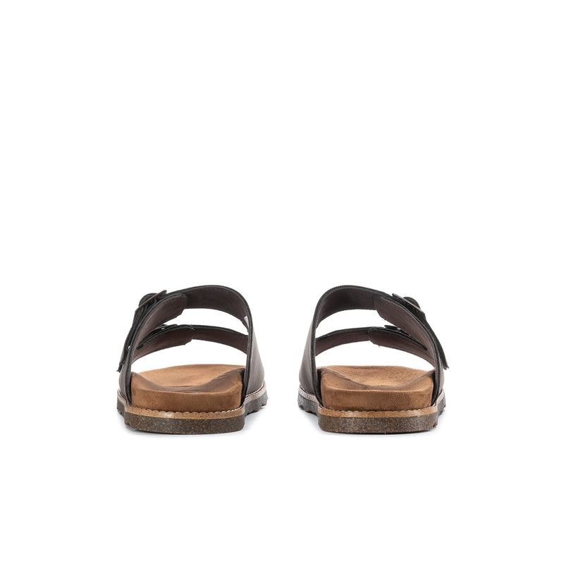 Men's dark brown leather sandals, back view with adjustable buckle straps