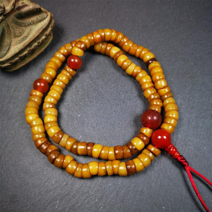 Bevel Cut Yak Bone Mala 0.32" - Tibetan Buddhist mala beads, close-up detail