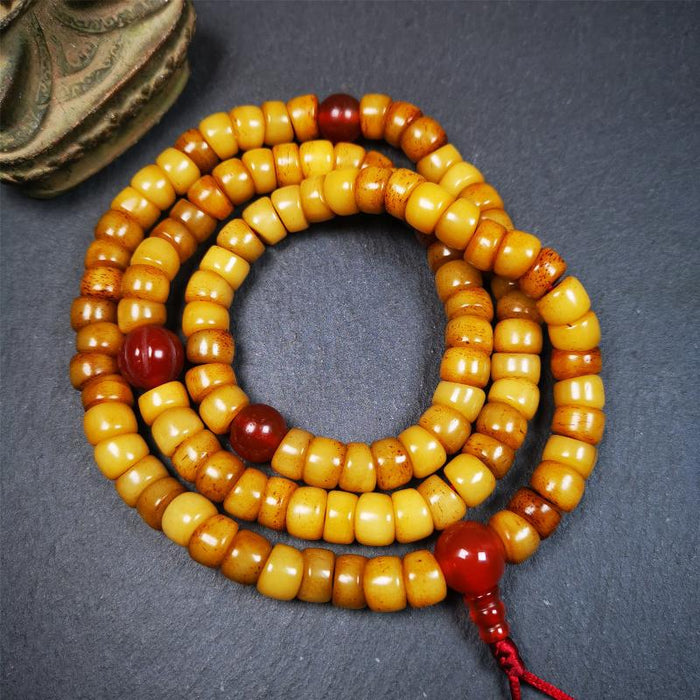 Bevel cut Yak Bone Mala 0.35" - Tibetan Buddhist mala beads, close-up detail
