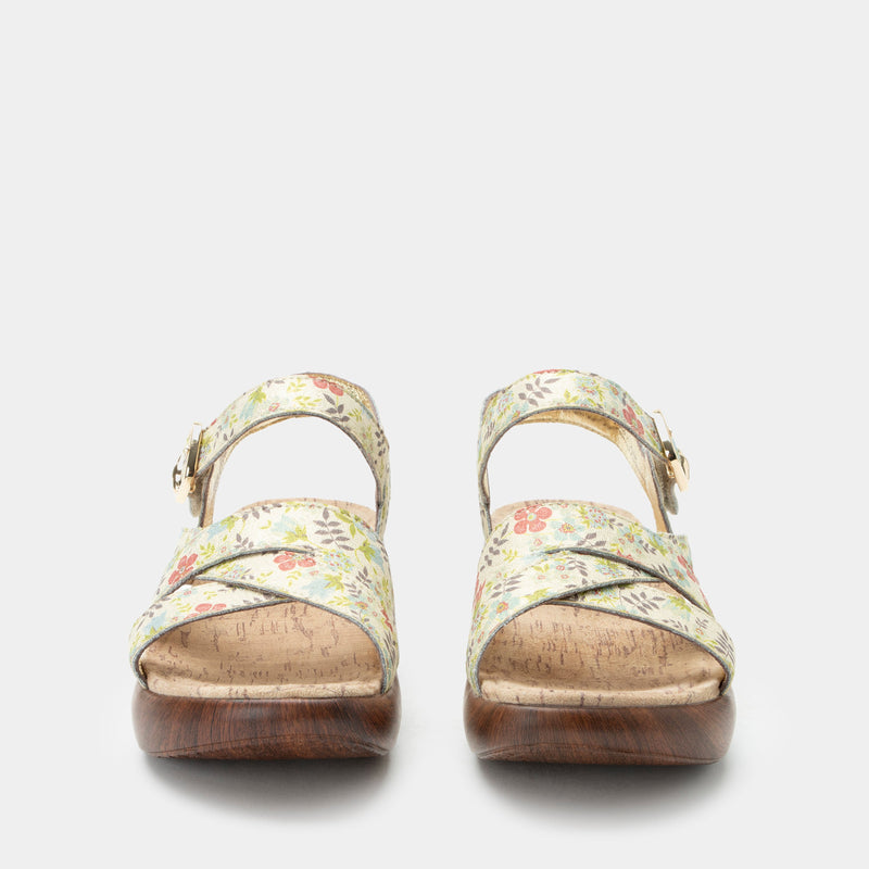 Bianca Good As Gold sandal| Tan floral printed leather sandal on a non-flexing rocker outsole.
