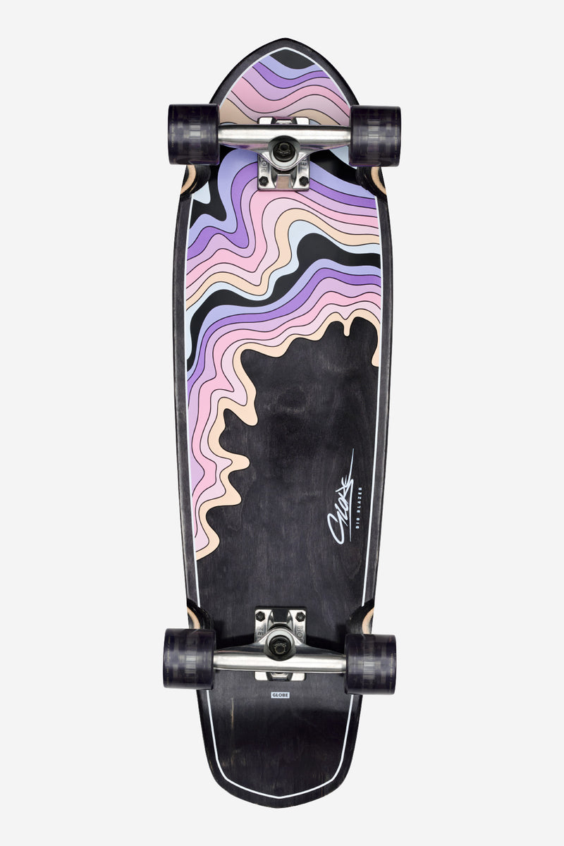 Underside view of the 32 inch Big Blazer Melt cruiser board with vibrant sherbet artwork on a black deck.