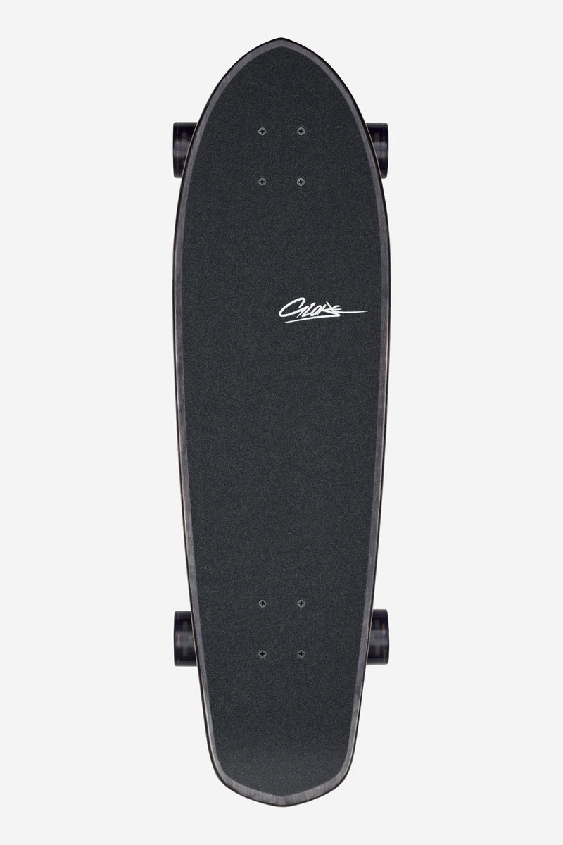 Top view of Melt 32 inch cruiser deck in dark finish with a white signature logo and visible trucks on the sides
