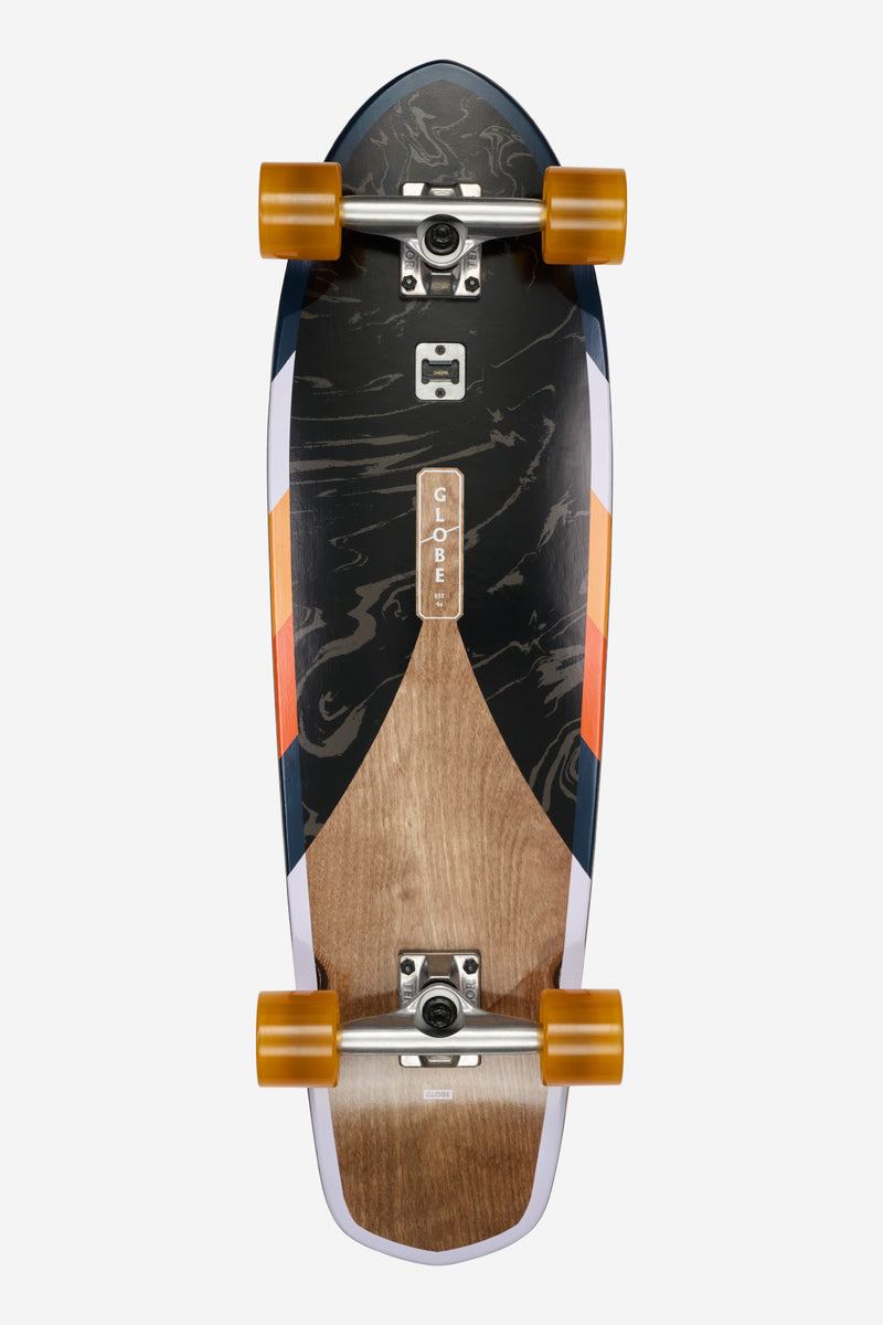 Top-down view of the Big Blazer Tune In 32 cruiser skateboard with marble deck orange accents and built-in bottle opener.