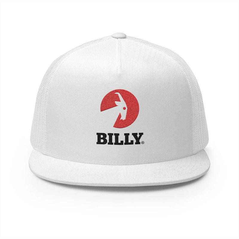 BILLY 5 Panel Flat Bill Trucker Cap (Red/Black Vertical Logo - Embroidery) — AVAILABLE IN 12 COLORS