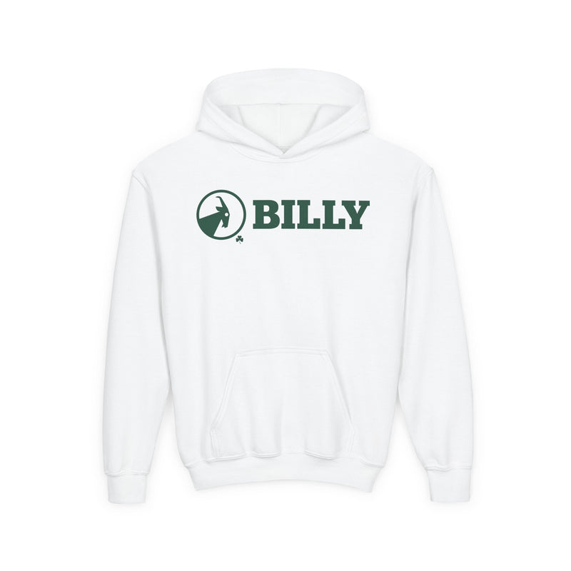 White hoodie with green 'BILLY' logo on a white background