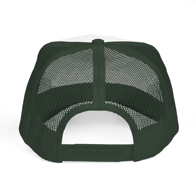 Back view of green mesh cap on a white background