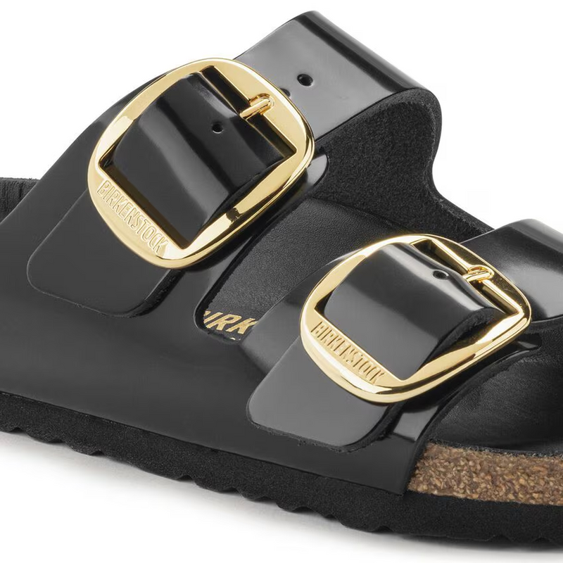 Birkenstock Arizona Big Buckle Narrow Slide Sandal (Women) - High Shine Black Leather Sandal - Slide - The Heel Shoe Fitters