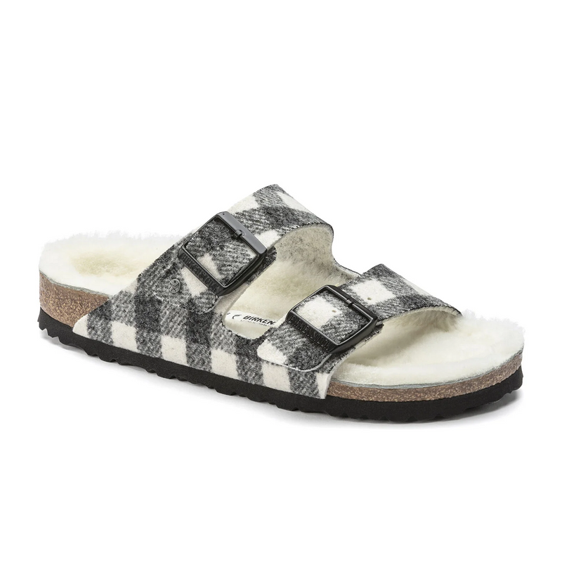 Birkenstock Arizona Slide Sandal (Women) - White Wool Plaid/Natural Shearling Sandal - Slide - The Heel Shoe Fitters