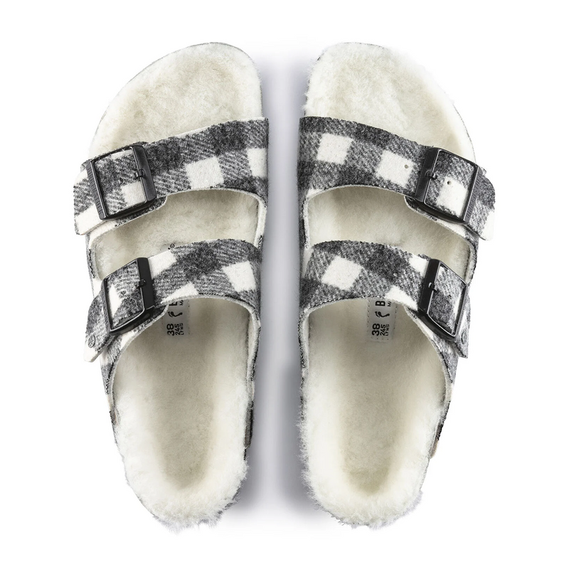 Birkenstock Arizona Slide Sandal (Women) - White Wool Plaid/Natural Shearling Sandal - Slide - The Heel Shoe Fitters