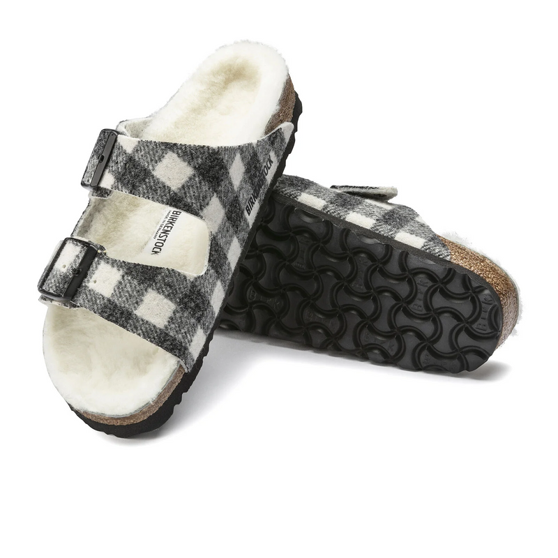 Birkenstock Arizona Slide Sandal (Women) - White Wool Plaid/Natural Shearling Sandal - Slide - The Heel Shoe Fitters