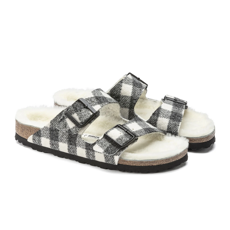 Birkenstock Arizona Slide Sandal (Women) - White Wool Plaid/Natural Shearling Sandal - Slide - The Heel Shoe Fitters