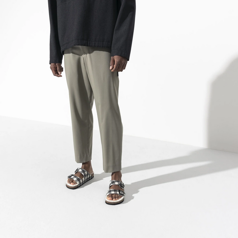 Birkenstock Arizona Slide Sandal (Women) - White Wool Plaid/Natural Shearling Sandal - Slide - The Heel Shoe Fitters