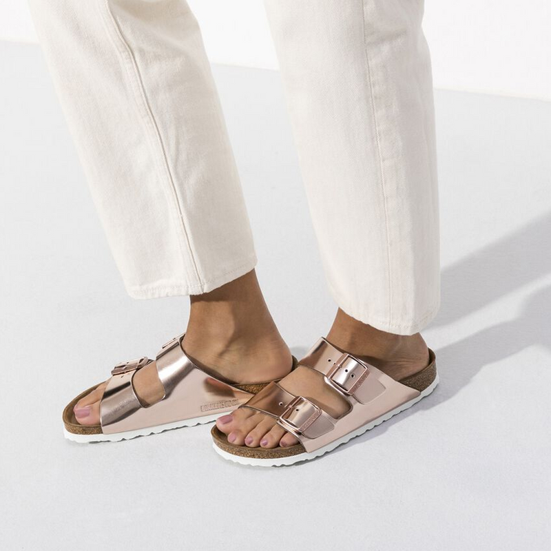 Birkenstock Arizona Soft Footbed Narrow Slide Sandal (Women) - Metallic Copper Leather Sandal - Slide - The Heel Shoe Fitters