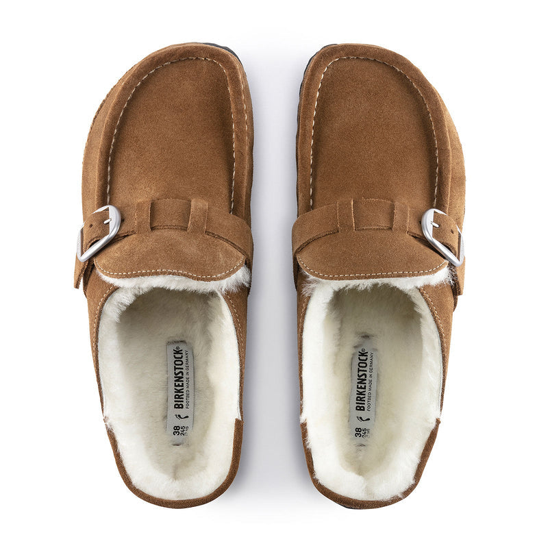 Birkenstock Buckley Narrow Clog (Women) - Tea Suede/Natural Shearling Dress-Casual - Clogs & Mules - The Heel Shoe Fitters