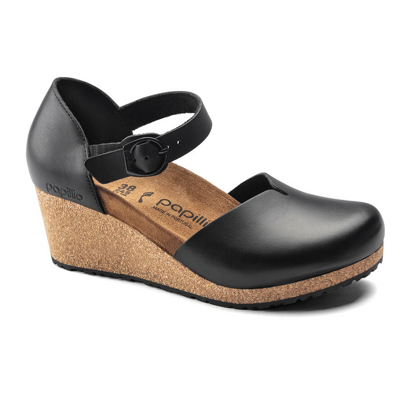 Birkenstock Mary Ring-Buckle Narrow Wedge Sandal (Women) - Black Leather Sandal - Heel/Wedge - The Heel Shoe Fitters