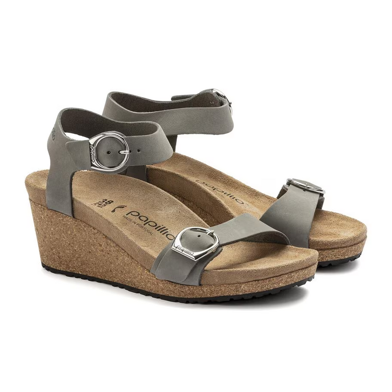 Birkenstock Soley Ring-Buckle Narrow Wedge Sandal (Women) - Dove Gray Nubuck Sandal - Heel/Wedge - The Heel Shoe Fitters