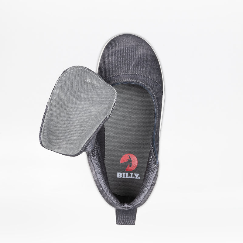A single Black Acid Wash BILLY D|R II Short Wrap High sneaker by BILLY Footwear is shown from above with the left side unzipped, revealing the insole with a red Billy logo—an AFO-friendly shoe ideal for kids who wear braces.