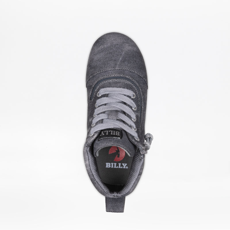 Top view of the Black Acid Wash BILLY D|R II Short Wrap High sneaker by BILLY Footwear, featuring white laces, a branded insole, and a side zipper. This AFO-friendly shoe is shown on a plain white background.