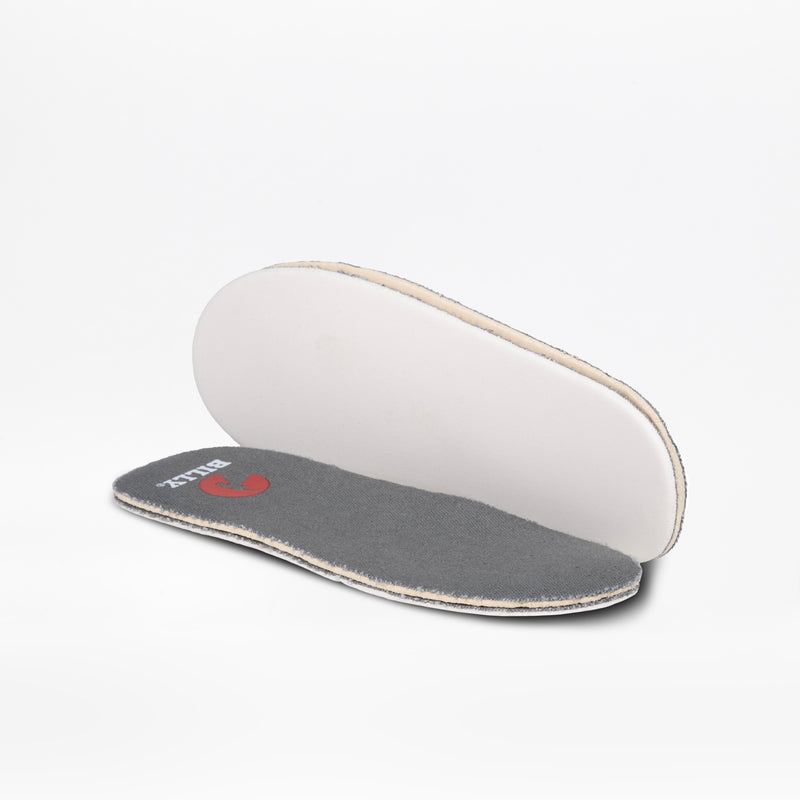 The Black Acid Wash BILLY D|R II Short Wrap High by BILLY Footwear comes with two orthopedic insoles—one displays a gray branded top with red marking, the other a plain white bottom. Perfect for AFO-friendly shoes or shoes for braces.