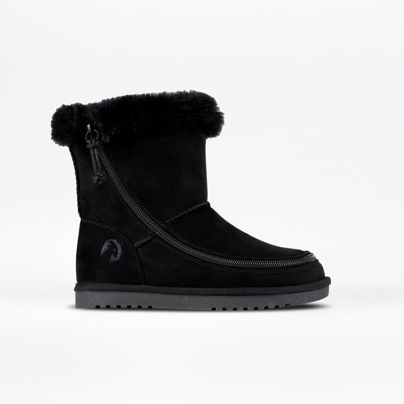 The BILLY Footwear Kids'/Toddler Cozy II boot in black features a faux fur cuff, side zipper, textured sole, and visible stitching. Shown from the side on a white background.