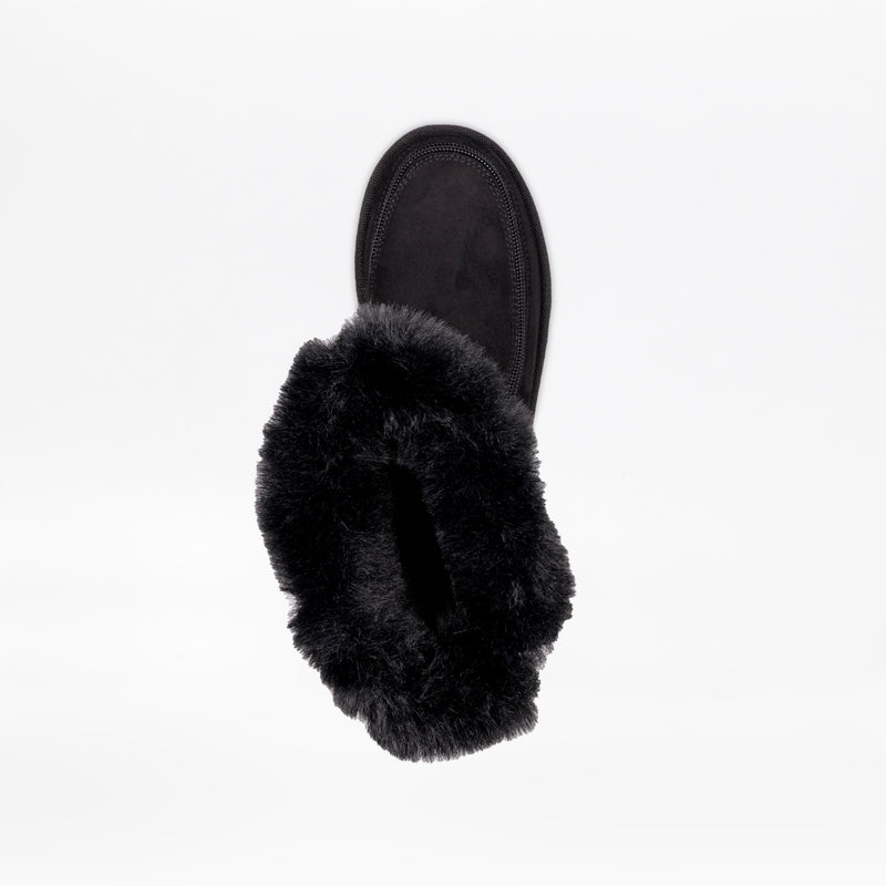 Top view of the Black BILLY Cozy II slipper by BILLY Footwear, showing its fluffy faux fur lining and trim with a clearly visible opening, all set against a plain white background.