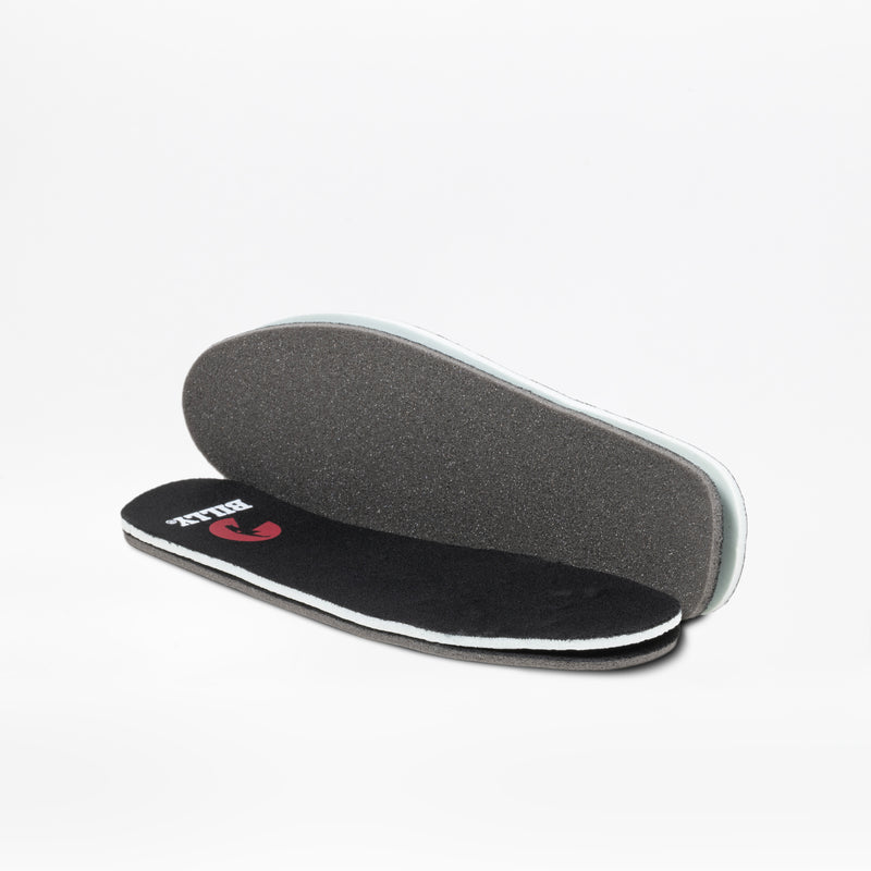 Two Black BILLY Cozy II insoles from BILLY Footwear, shown on a white background—one flat, one propped up. "HEEL" is printed on the left insole. Designed for women's boots or flannel-lined zipper boot styles.