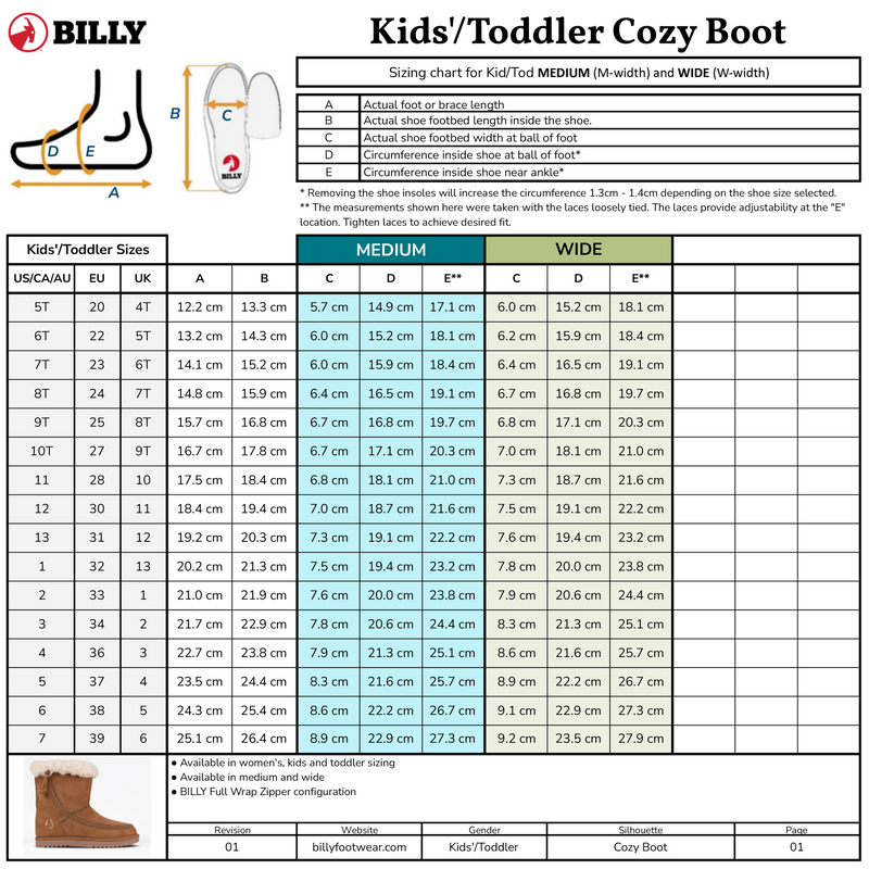 The Black BILLY Cozy II sizing chart by BILLY Footwear shows US, UK, and EU sizes, medium/wide foot measurements, a boot diagram with labeled sizes, and a small flannel-lined zipper boot image in the bottom left.