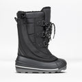 The Black BILLY Ice Boot by BILLY Footwear for kids features a rugged rubber sole, round toe, three hook-and-loop closures with laces, padded upper, and faux-fur lining. Shown from the side on a white background.