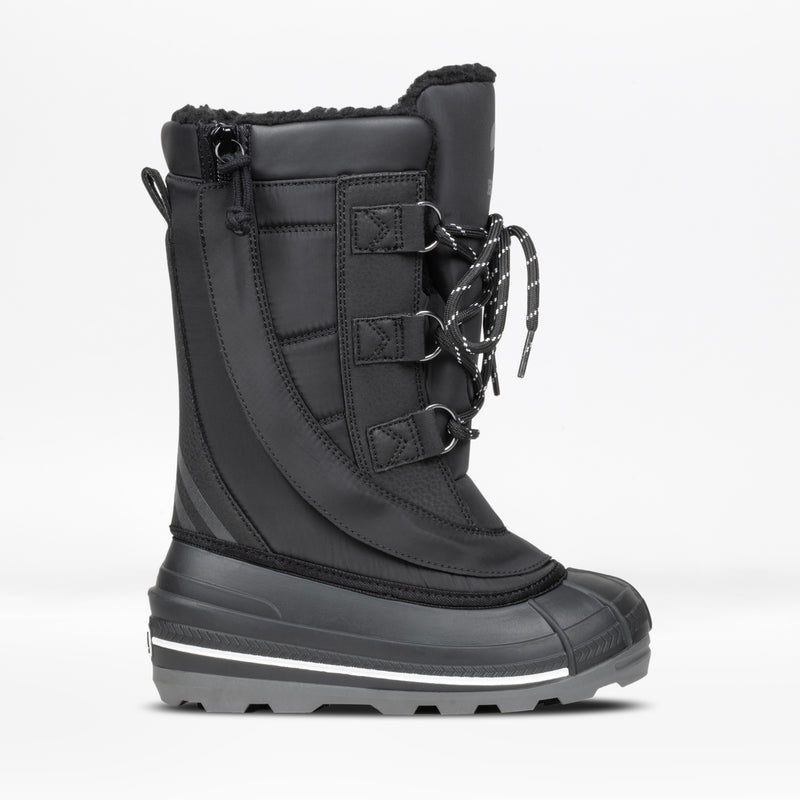 The Black BILLY Ice Boot by BILLY Footwear for kids features a rugged rubber sole, round toe, three hook-and-loop closures with laces, padded upper, and faux-fur lining. Shown from the side on a white background.
