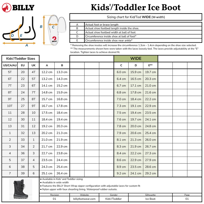 The Black BILLY Ice Boot sizing chart from BILLY Footwear lists US, UK, EU sizes, insole length, and circumference for standard and wide widths. It also features a shoe diagram and measuring tips to ensure the best fit for kids’ insulated boots.