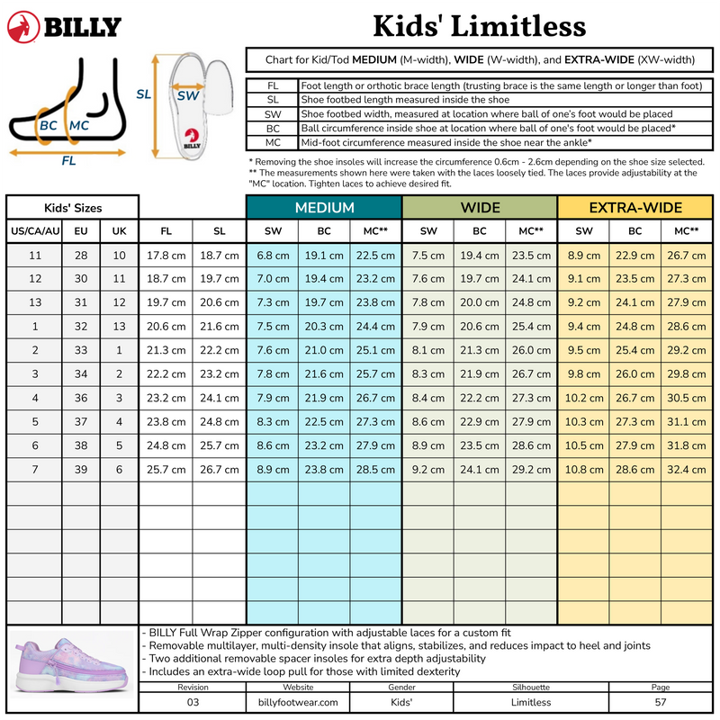Billy Kids' Limitless shoe size chart with measurements for foot length, width, and extra-wide options.