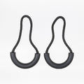 Two black zipper pulls with rubber half loops and black cord on a white background
