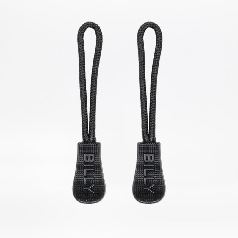 Two black rope zipper pulls with 'BILLY' branding on a white background