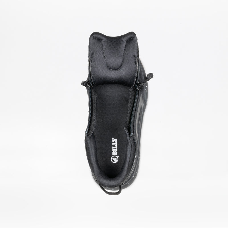 Top view of a Black/Black/Gum BILLY Sport Inclusion DZ1 by BILLY Footwear, double side zippers open to show the interior and tongue, displayed on a plain white background.