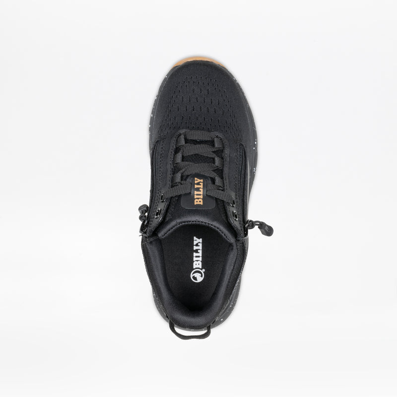 Top view of the BILLY Sport Inclusion DZ1 kids’ adaptive sneaker by BILLY Footwear, featuring double zippers, mesh upper, brown BILLY label on the tongue, and the logo on the insole—shown on a white background.