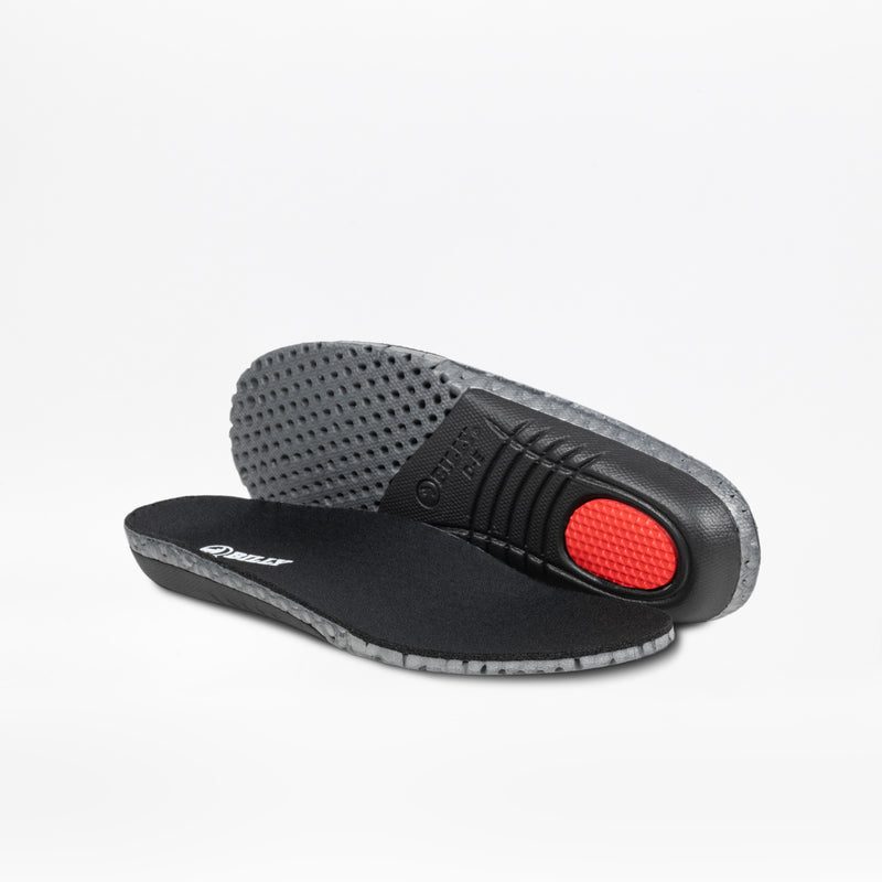 The Black/Black/Gum BILLY Sport Inclusion DZ1 insoles by BILLY Footwear feature textured gray bottoms and a red cushioned heel, designed for kids’ athletic shoes and shown on a white background.