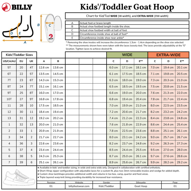 Size chart for BILLY Footwear White/Black BILLY Goat Hoop shoes features foot measurements for wide/extra-wide widths, US/EU/UK size conversion, measuring point diagrams, and tips on choosing kids’ adaptive and orthotic footwear.